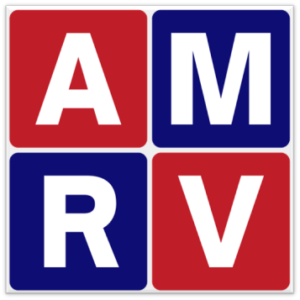 Square logo for American RV Repair has the letters A, M, R, V in alternating red and blue squares.